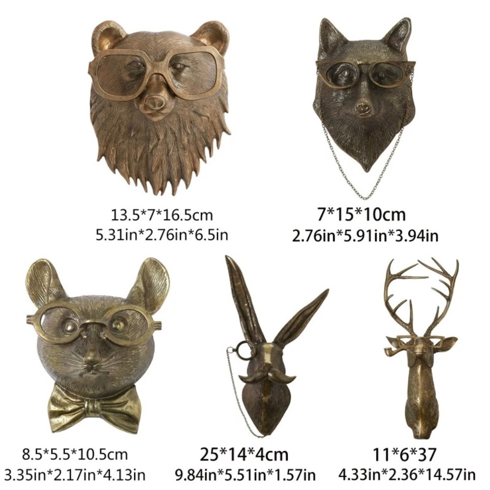 Bronzed resin animal heads (set of 5)